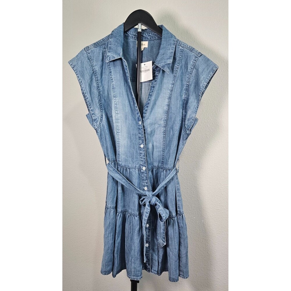 Elan Daisy Dress Womens Large Chambray Tencel Button Front Tie Waist NWT